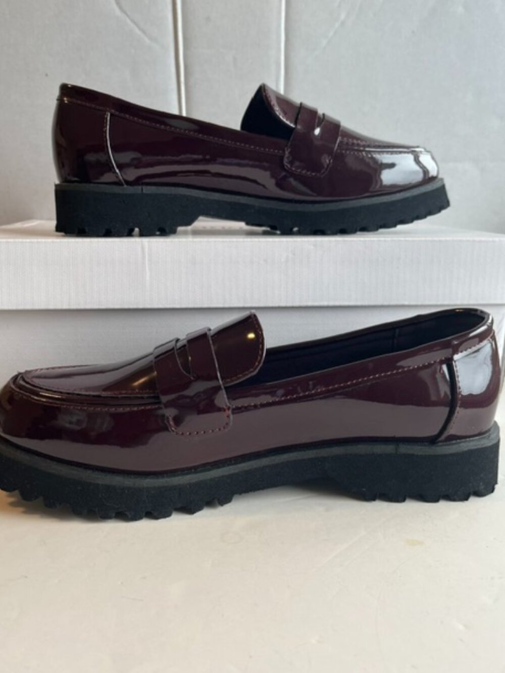 Jones New York burgundy patent penny loafers.